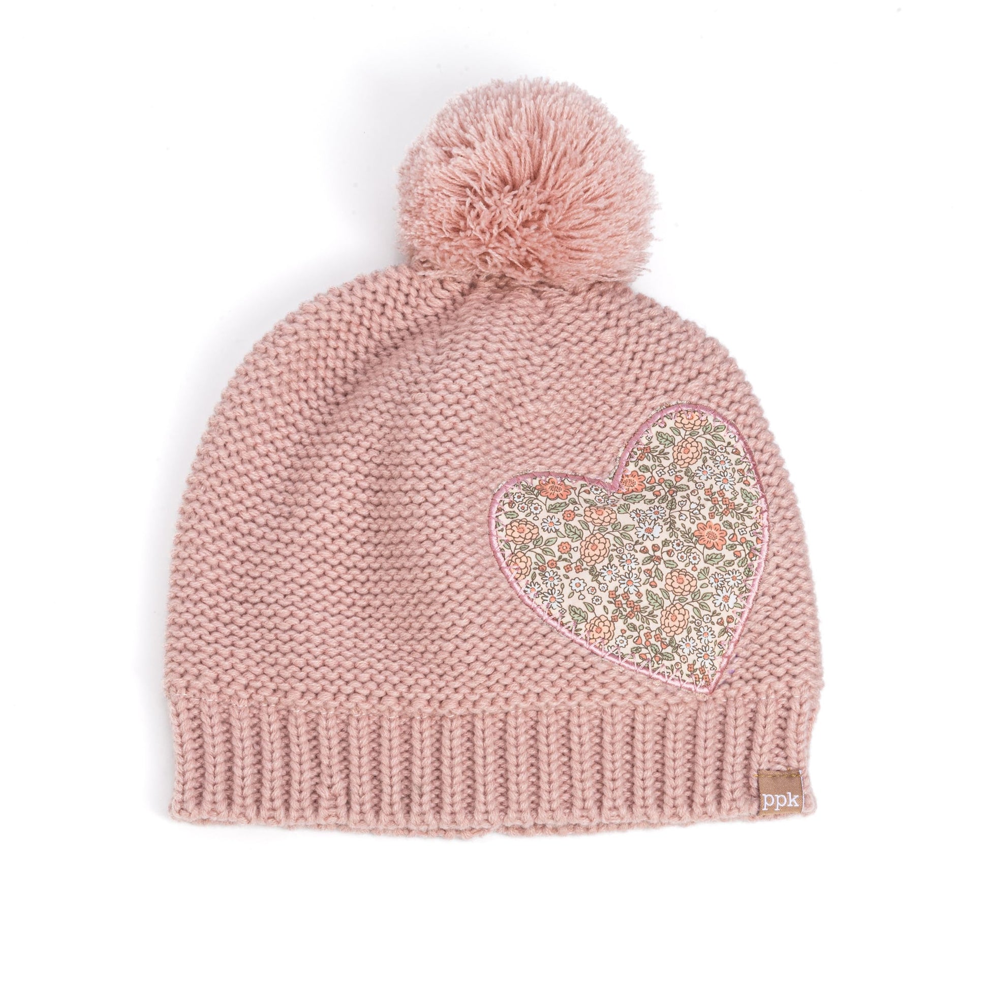 Girls Knit Pompom Beanie with Floral Heart Applique, Soft Fleece-Lined, Unique, Stylish Design, Premium Quality (Kids 1-6 Years)
