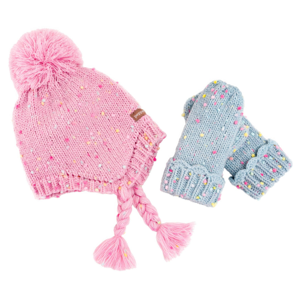 Peppercorn Kids Girls Warm Knit Pink Earflap Hat Set with Mittens