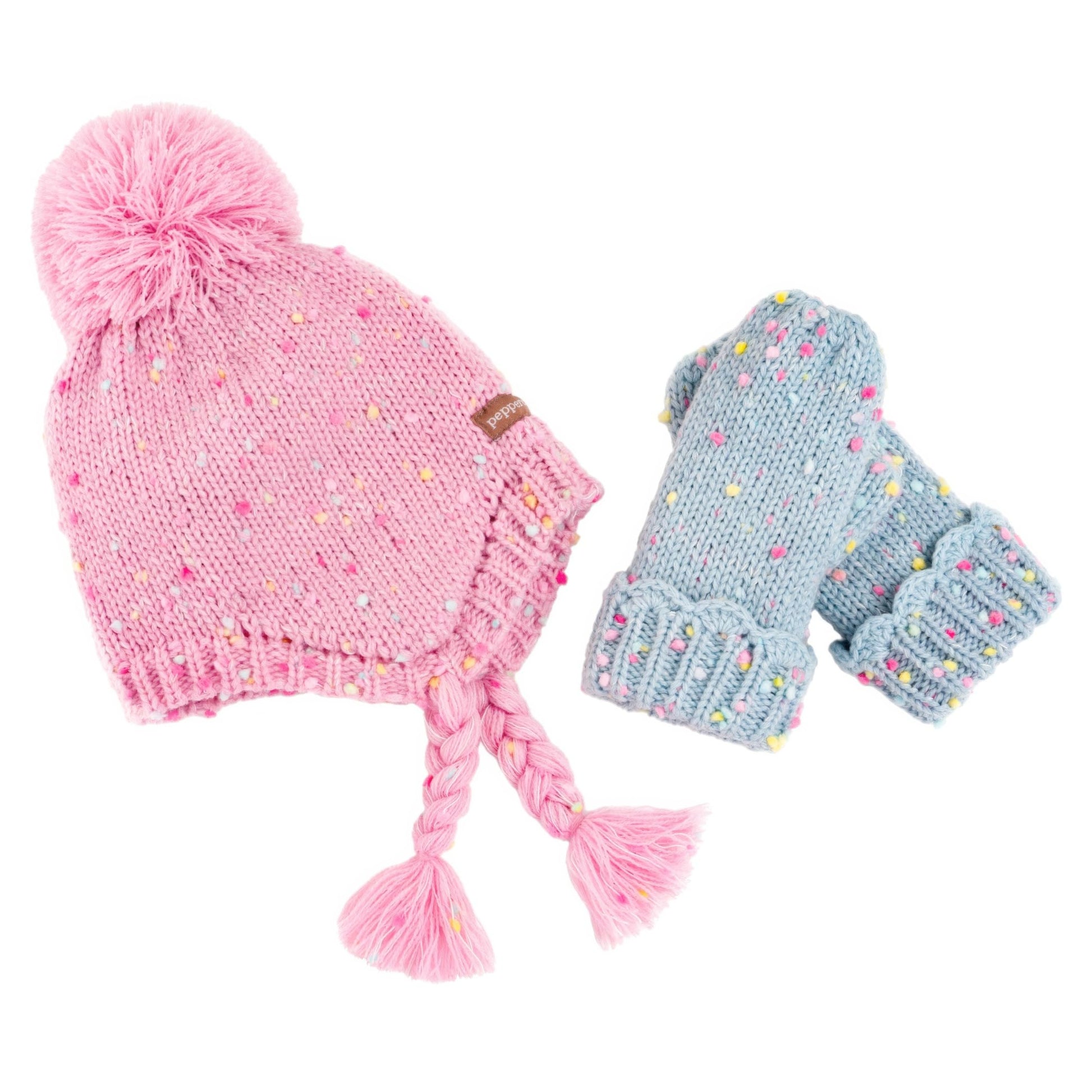 Peppercorn Kids Girls Warm Knit Pink Earflap Hat Set with Mittens