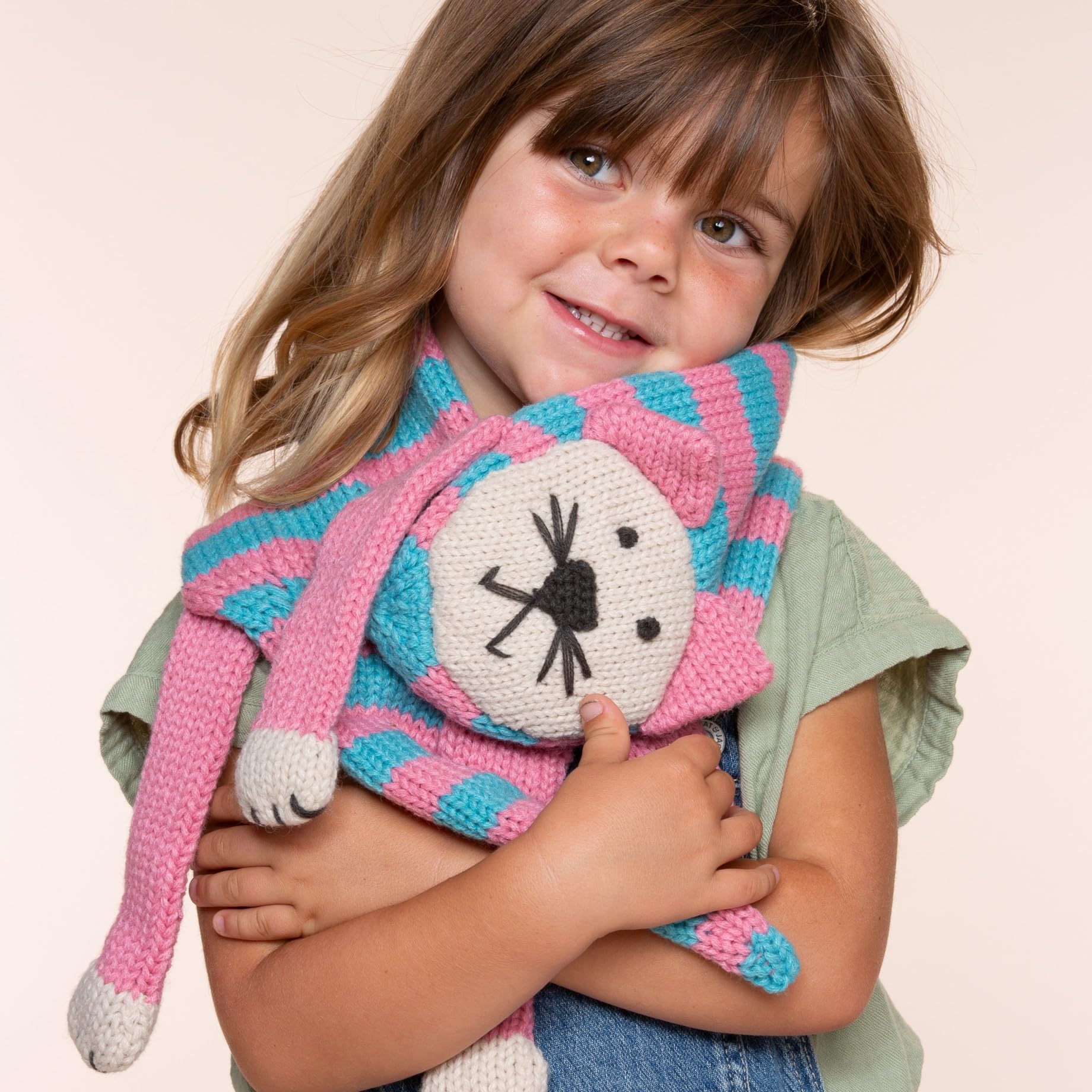 Kids Kitty Cat Double-Layer Knitted Scarf - Fun Critter Design for Children All Ages - Pink / Blue