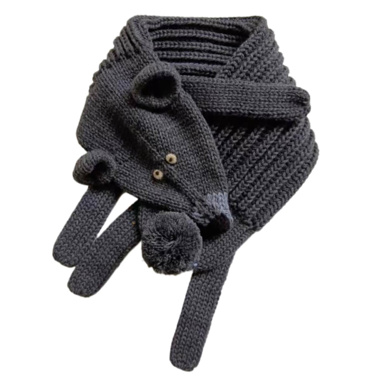 Kids Black Bear Character Knitted Scarf - Fun Critter Design for Children All Ages, Double-Layer Knit