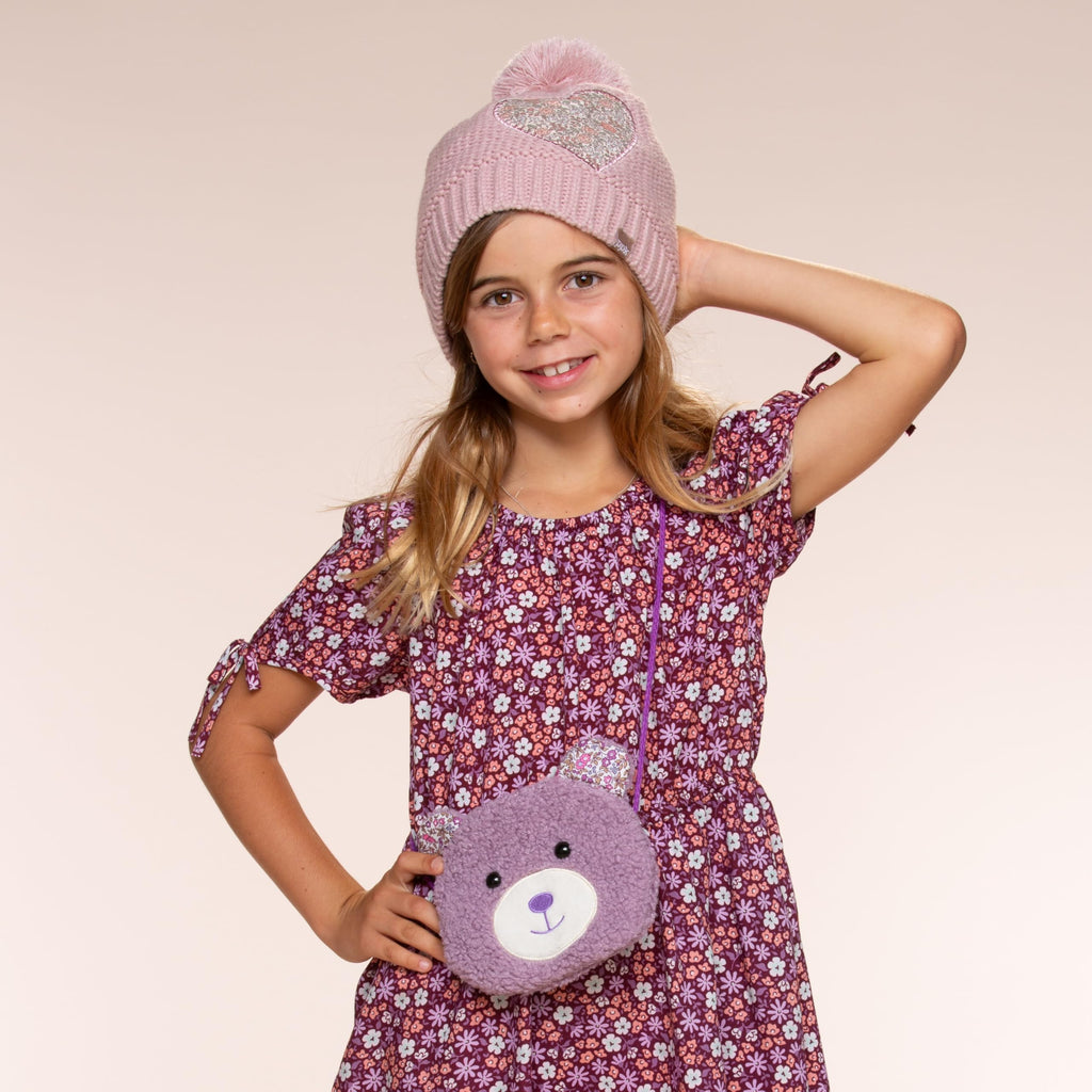 Girls Knit Pompom Beanie with Floral Heart Applique, Soft Fleece-Lined, Unique, Stylish Design, Premium Quality (Kids 1-6 Years)