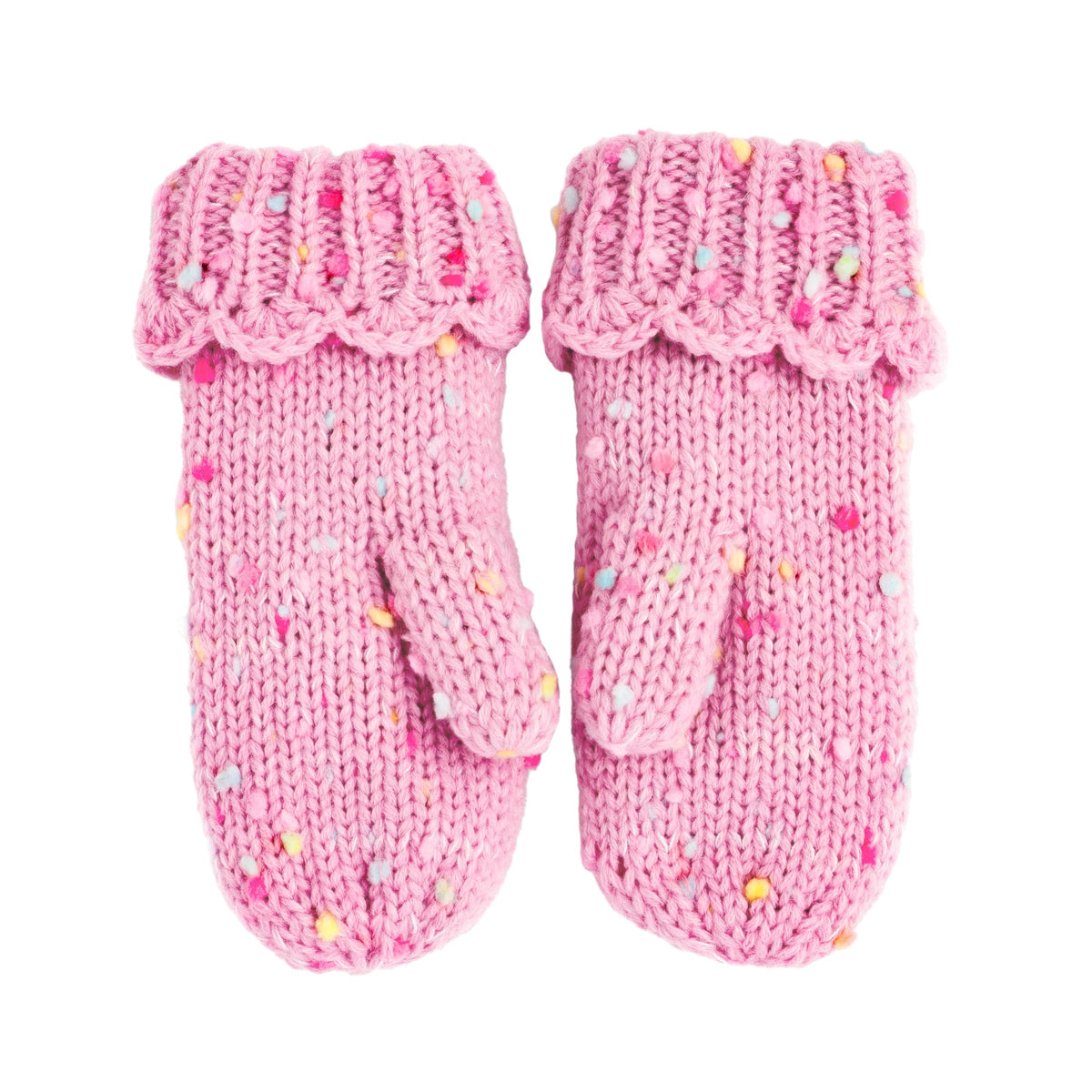 Girls Fun Speckled Knit Mittens with Scalloped Lace Cuff, for Kids All Ages 1-12 Years, Fleece-lined