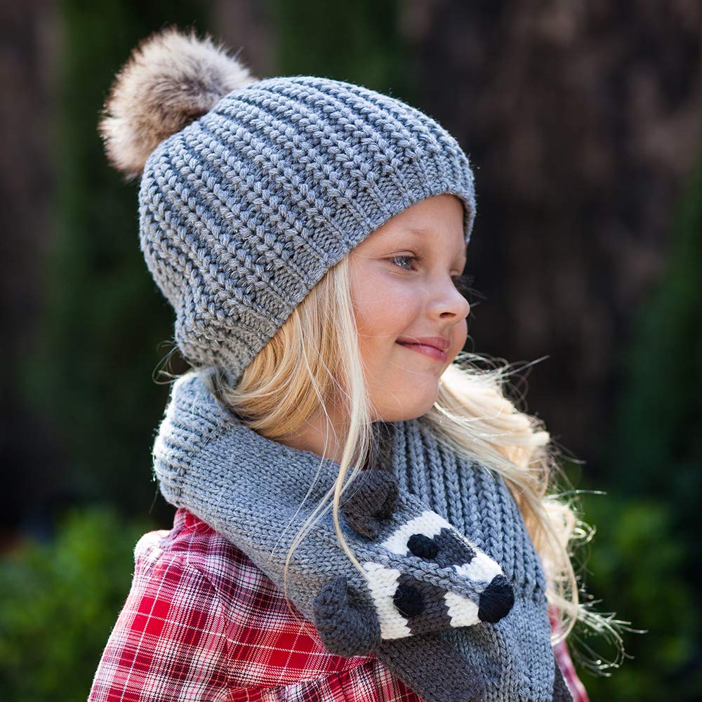 Girls Gray Lined Knit Beanie with Faux Fur Pom-Pom, Silver Metallic Thread, Ages 2-10 Years