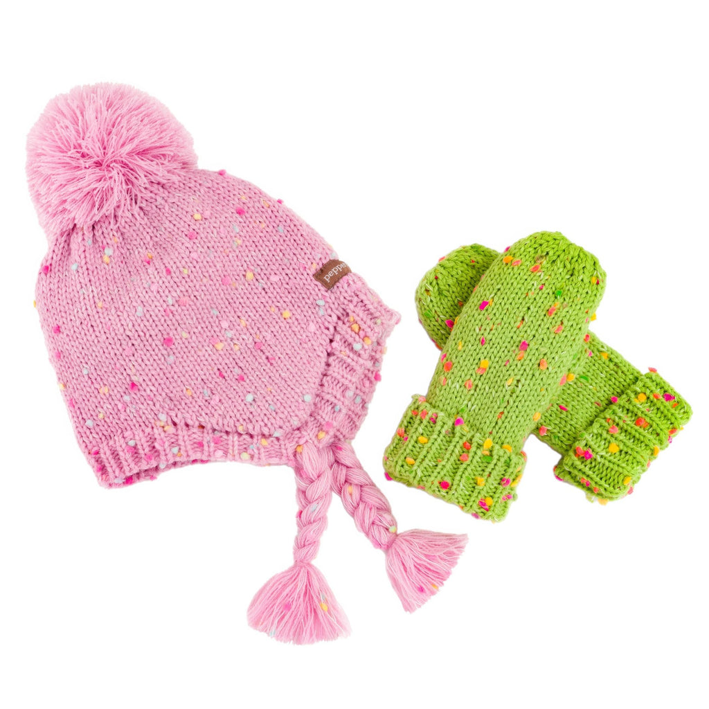 Peppercorn Kids Girls Warm Knit Pink Earflap Hat Set with Mittens