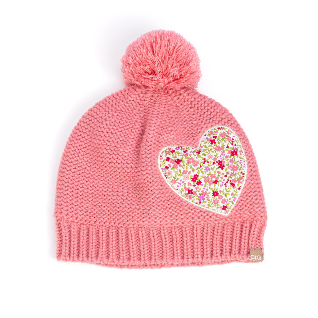 Girls Knit Pompom Beanie with Floral Heart Applique, Soft Fleece-Lined, Unique, Stylish Design, Premium Quality (Kids 1-6 Years)