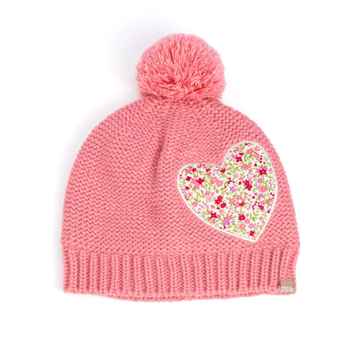 Girls Knit Pompom Beanie with Floral Heart Applique, Soft Fleece-Lined, Unique, Stylish Design, Premium Quality (Kids 1-6 Years)