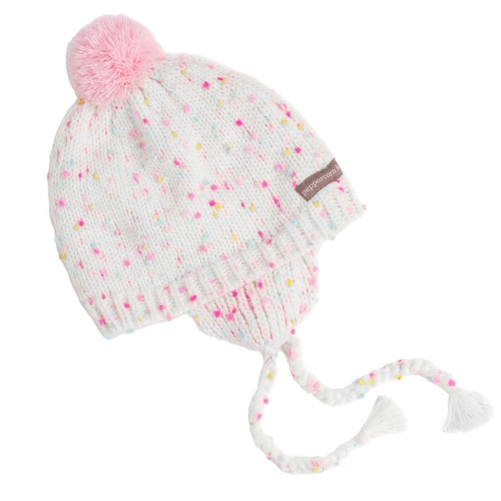 White Speckled Knit Girls Pompom Beanie Hat for Babies, Toddlers and Little Children