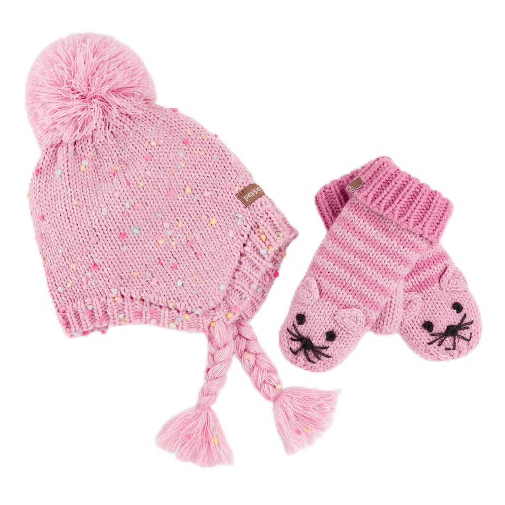 Girls Knit Earflap Hat and Mittens Set, Warm Cold-Weather Essential for Kids 1-12 Years