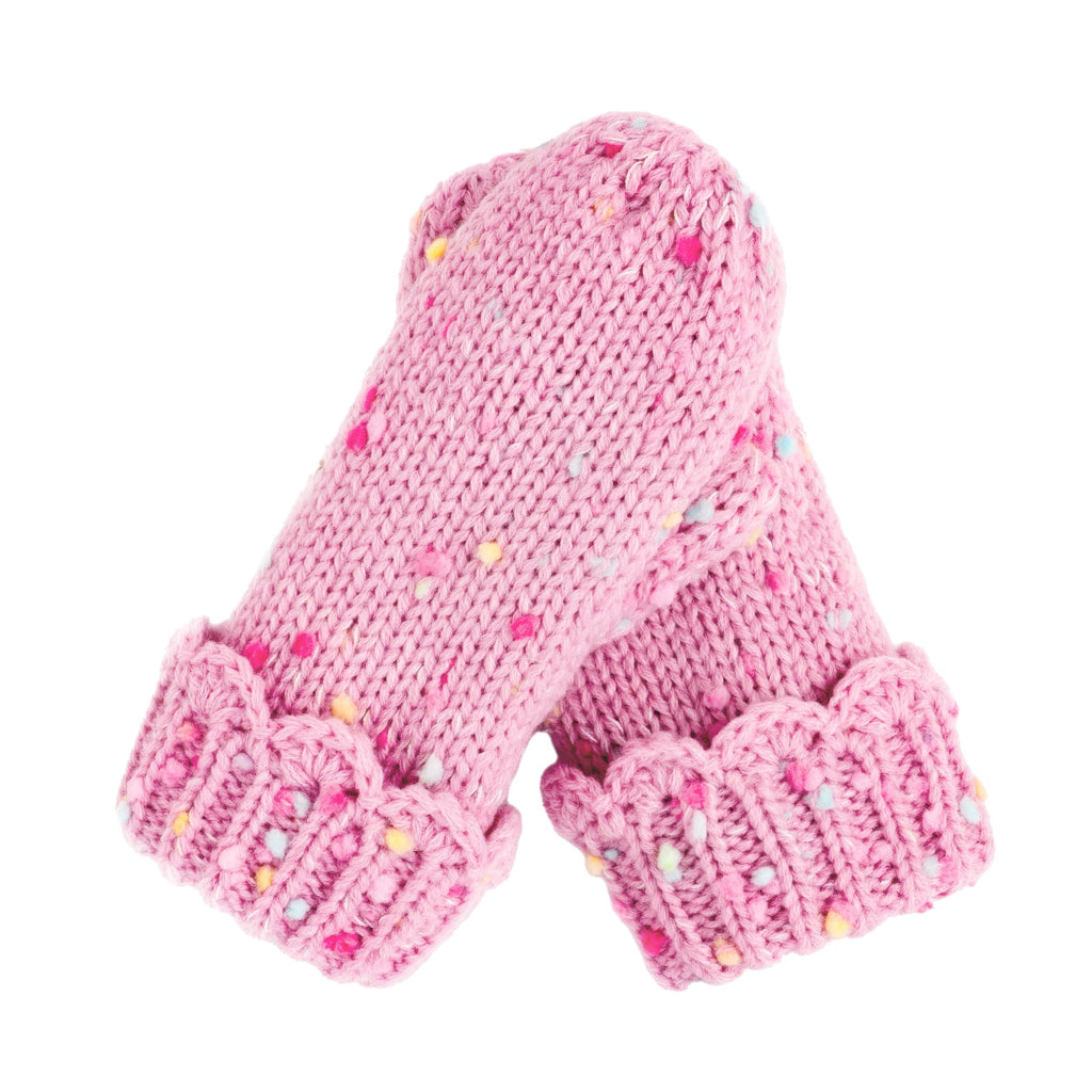 Girls Fun Speckled Knit Mittens with Scalloped Lace Cuff, for Kids All Ages 1-12 Years, Fleece-lined