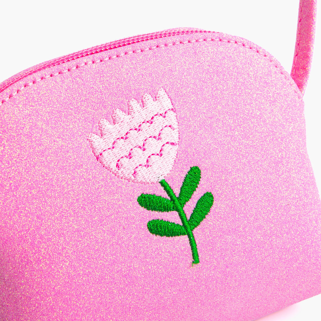 Sparkly Glitter Leather Purse with Flower Embroidery for Little Girls, Toddler (Ages 2-6)