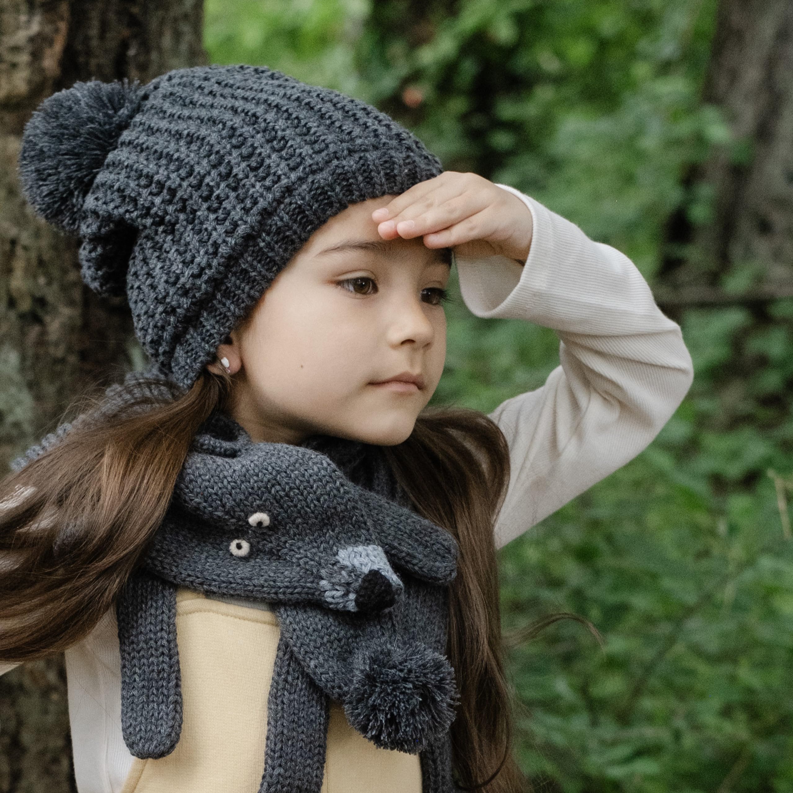 Kids Black Bear Character Knitted Scarf - Fun Critter Design for Children All Ages, Double-Layer Knit