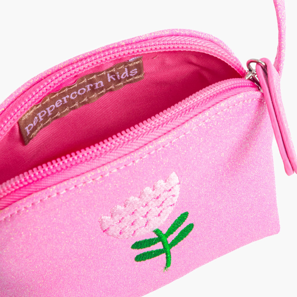 Sparkly Glitter Leather Purse with Flower Embroidery for Little Girls, Toddler (Ages 2-6)