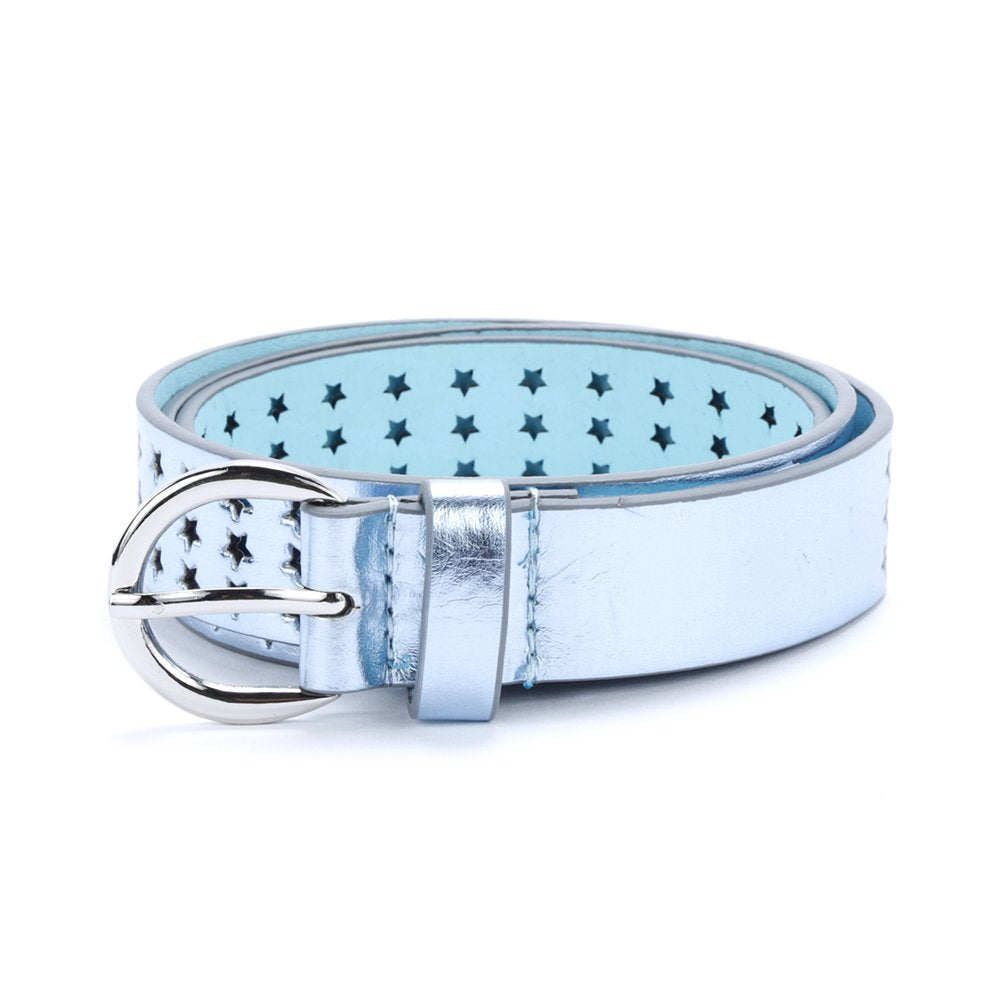 Girls Stars Perforated Metallic Leather Belt - - Stylish Shiny Belt for Girls All Ages