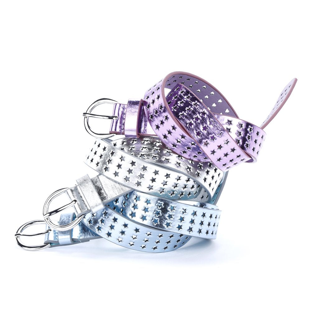 Girls Stars Perforated Metallic Leather Belt - - Stylish Shiny Belt for Girls All Ages