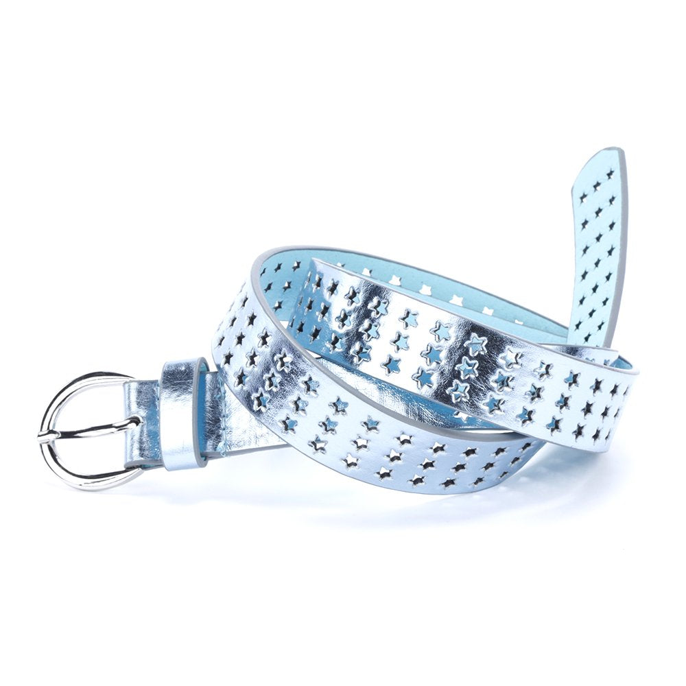 Girls Stars Perforated Metallic Leather Belt - - Stylish Shiny Belt for Girls All Ages
