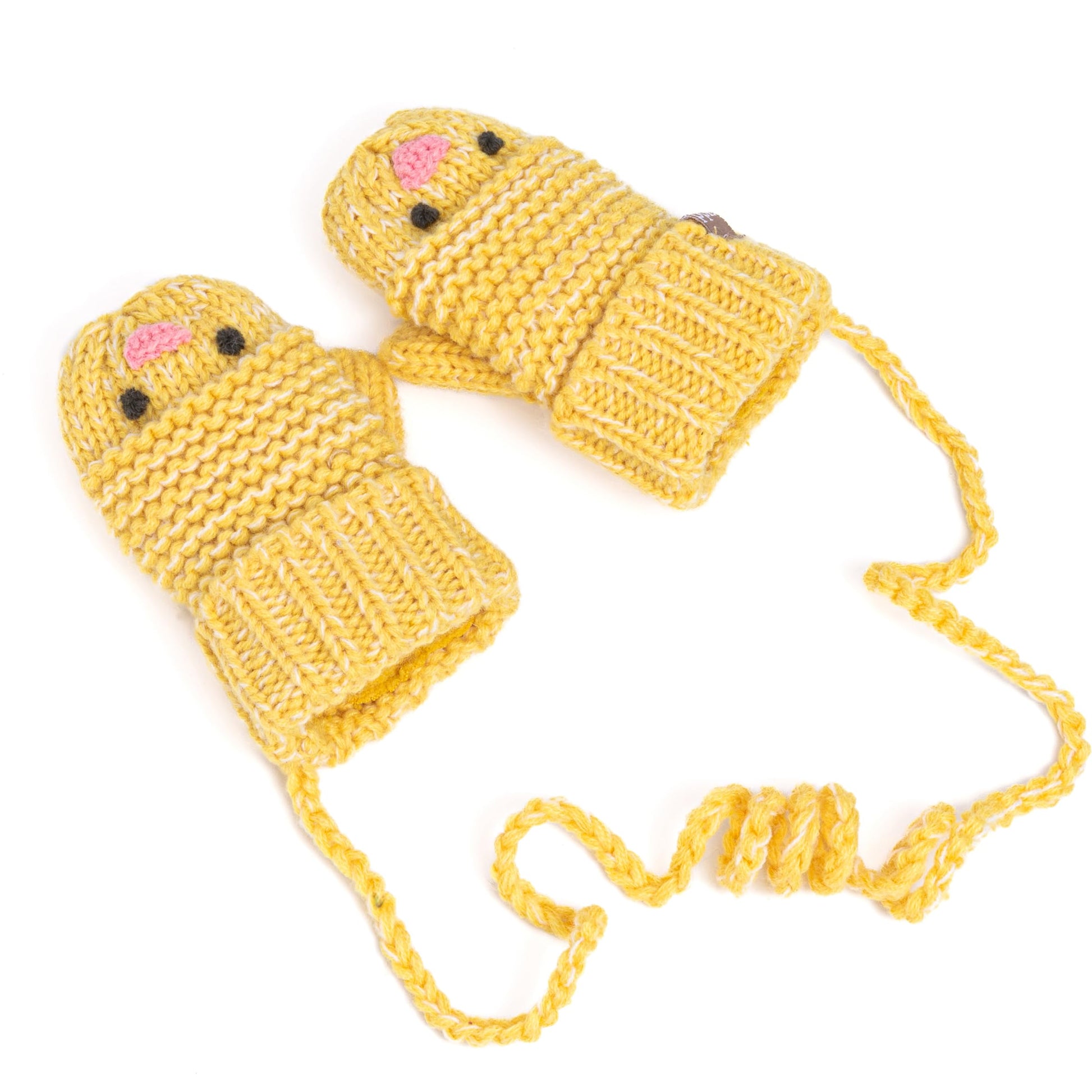 Knit Baby Chick Mittens with Cord-For Kids, Toddler Girls Age 1-6 Years, Cute Design