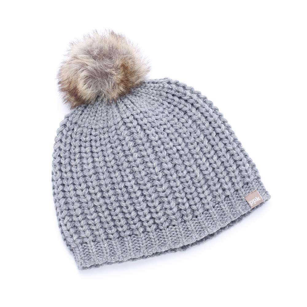 Girls Gray Lined Knit Beanie with Faux Fur Pom-Pom, Silver Metallic Thread, Ages 2-10 Years