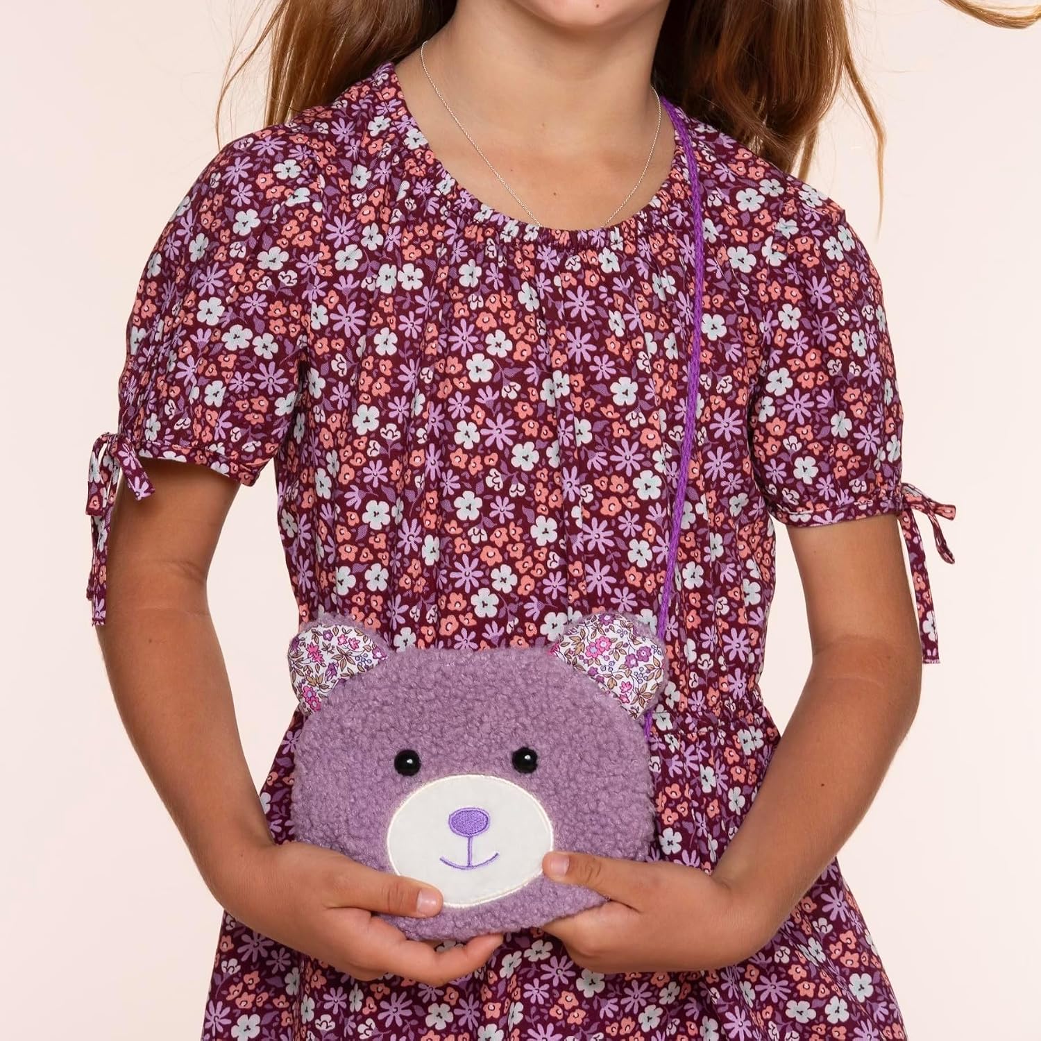 Plush Teddy Bear Crossbody Bag for Little Girls, Toddlers, Kids Age 3-8 - Pink