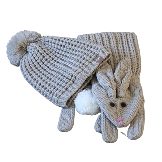 Winter Knit Beanie Scarf Set for Girls - Bunny/Oat Beige (Kids Ages 5 to 12 Y)