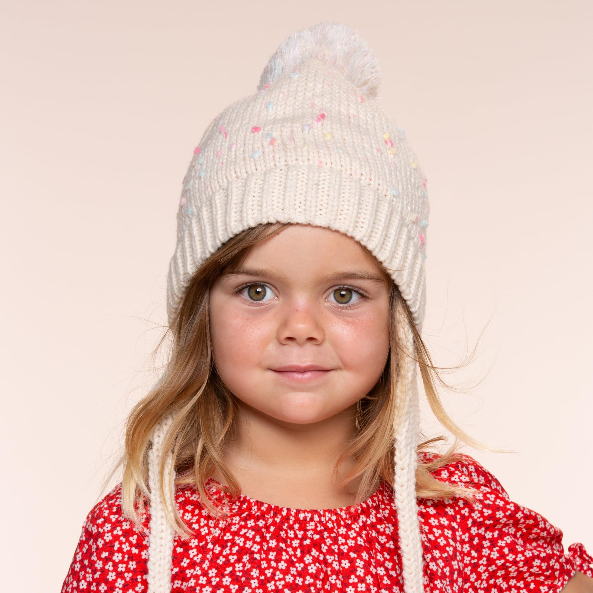 Warm Earflap Knit Beanie Hat with Ties for Toddlers/Little Kids 2-6 Years