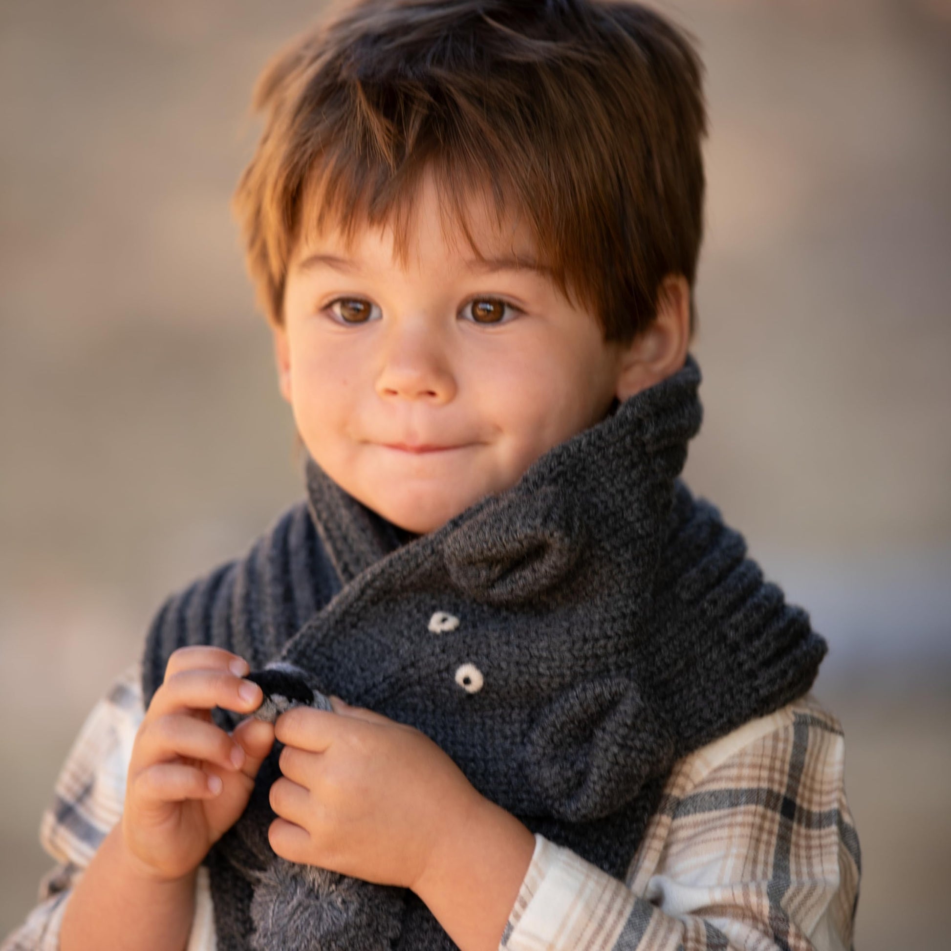 Kids Black Bear Character Knitted Scarf - Fun Critter Design for Children All Ages, Double-Layer Knit