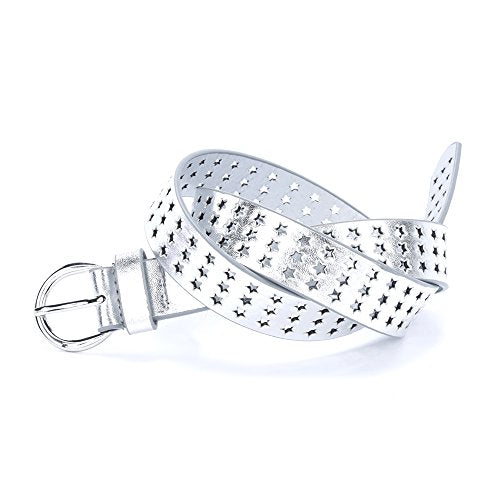 Girls Stars Perforated Metallic Leather Belt - - Stylish Shiny Belt for Girls All Ages