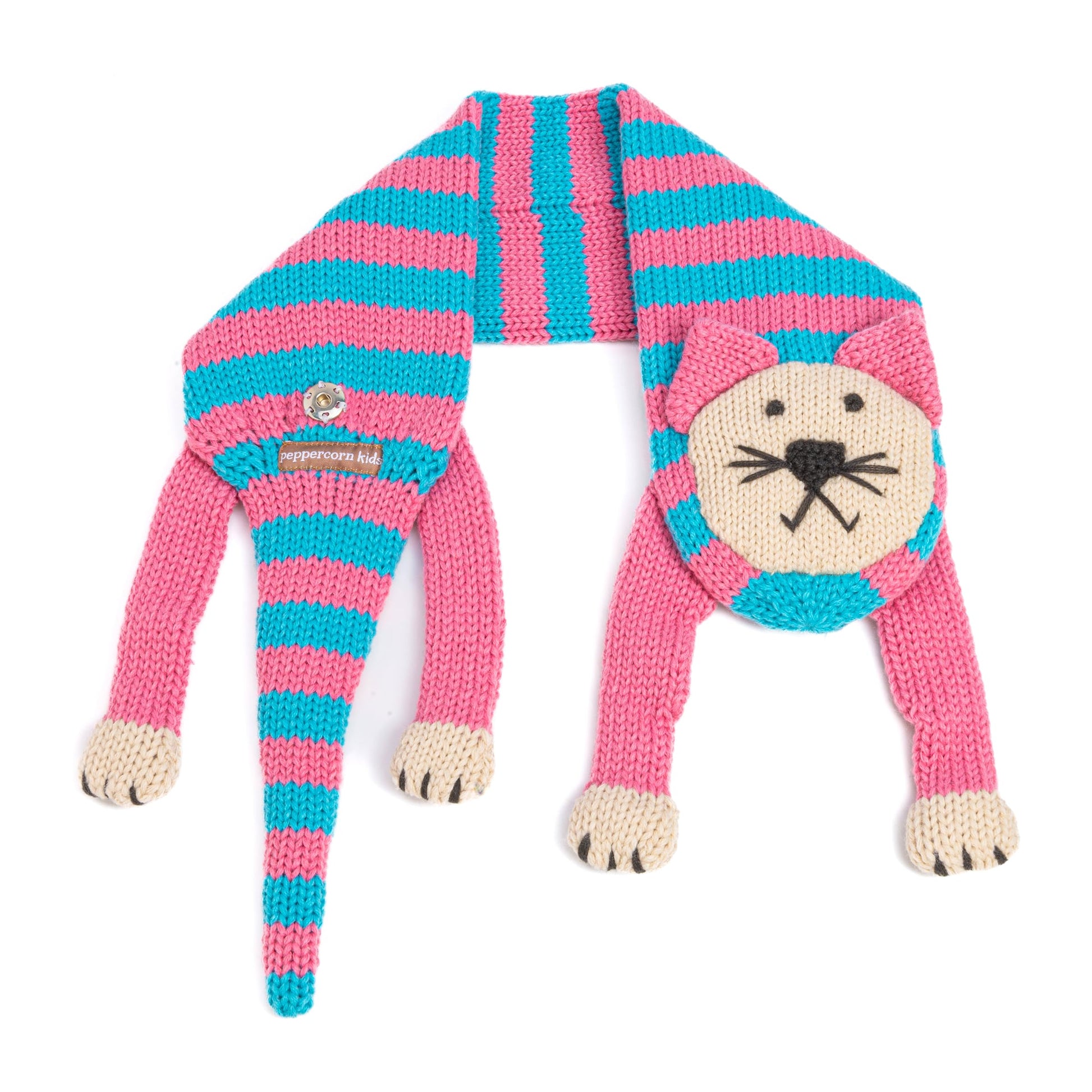 Kids Kitty Cat Double-Layer Knitted Scarf - Fun Critter Design for Children All Ages - Pink / Blue