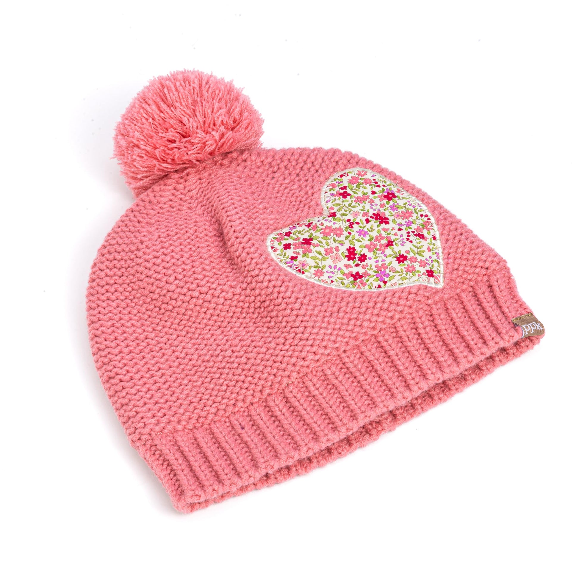 Girls Knit Pompom Beanie with Floral Heart Applique, Soft Fleece-Lined, Unique, Stylish Design, Premium Quality (Kids 1-6 Years)