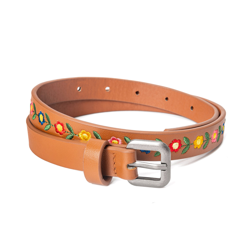 Kids Boho Leather Belt with Floral Embroidery Pattern for Girls 4-14 Years