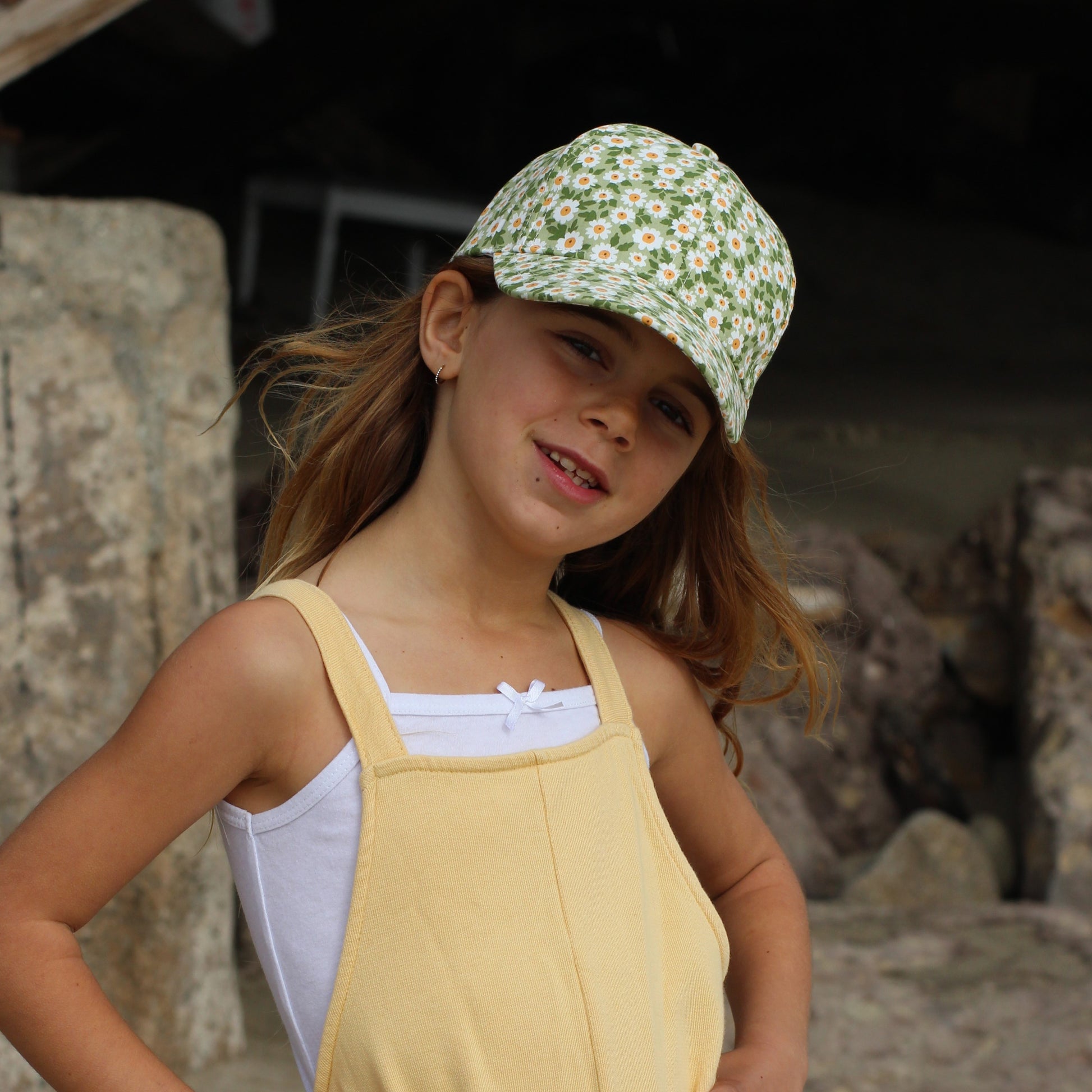 Kids Floral Print Baseball Cap (Age 3-6/7Y) for Toddler and Little Girls, Natural Cotton- Daisy Green