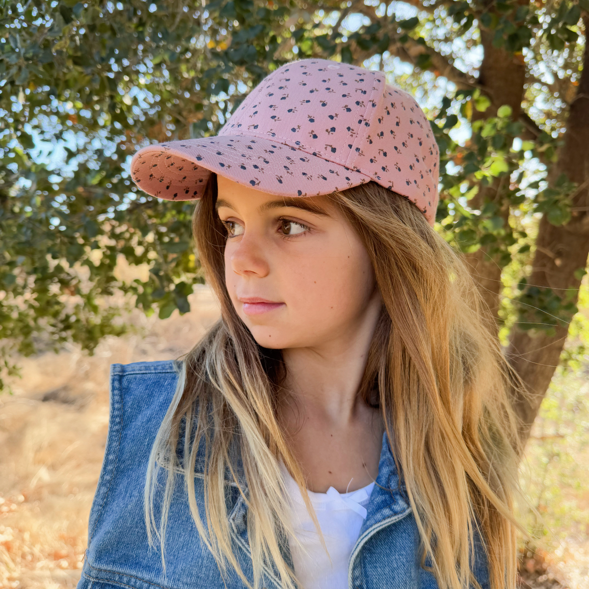 Ditsy Floral Print Kids Baseball Cap (Age 3-6/7Y) for Toddler and Little Girls, Natural Cotton- Mauve Pink