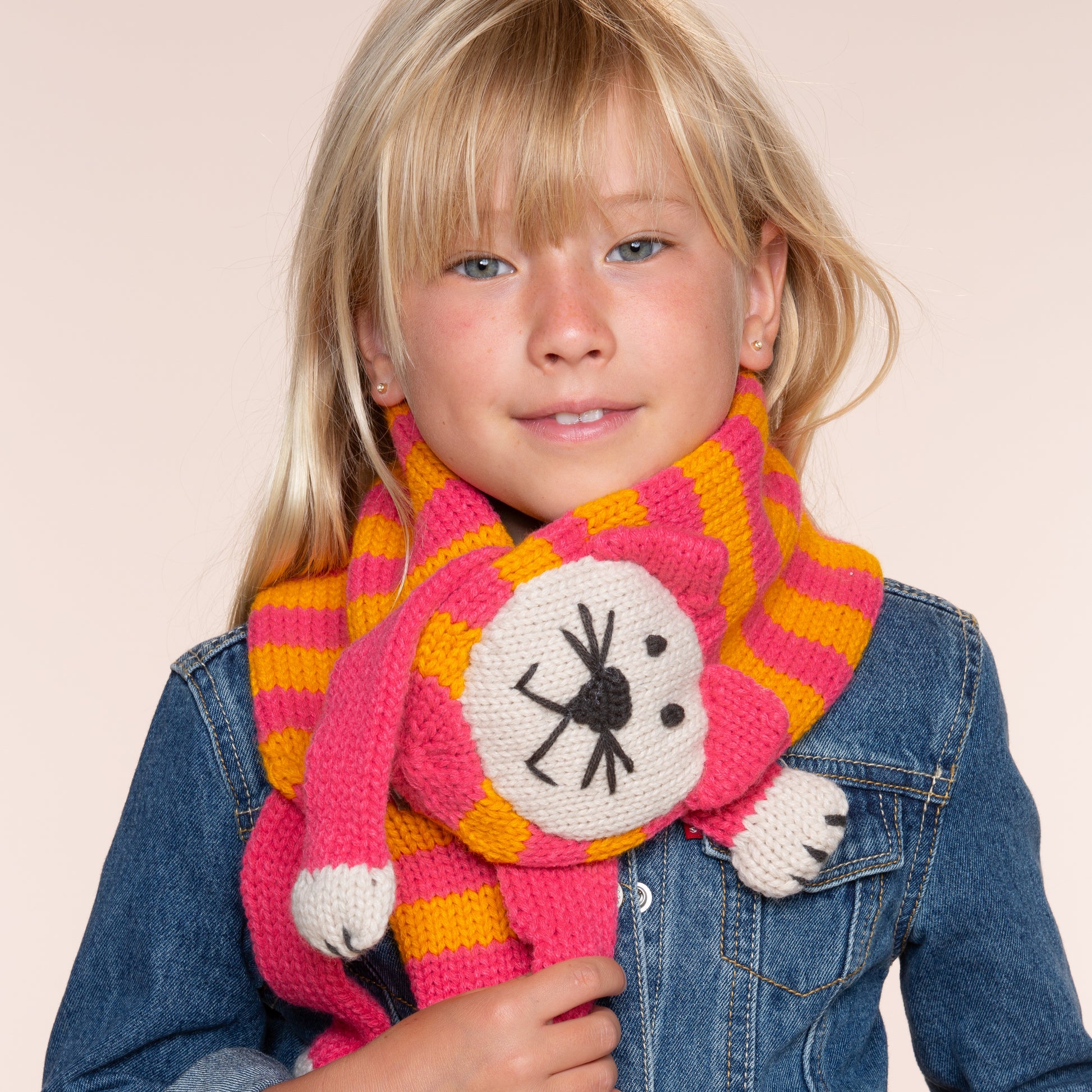 Kids Kitty Cat Double-Layer Knitted Scarf - Fun Critter Design for Children All Ages - Pink / Mustard