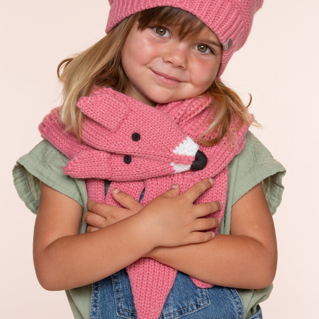 Girls Fox Knitted Neck Scarf - Fun Woodland Critter Design for Children All Ages, Vintage Rose