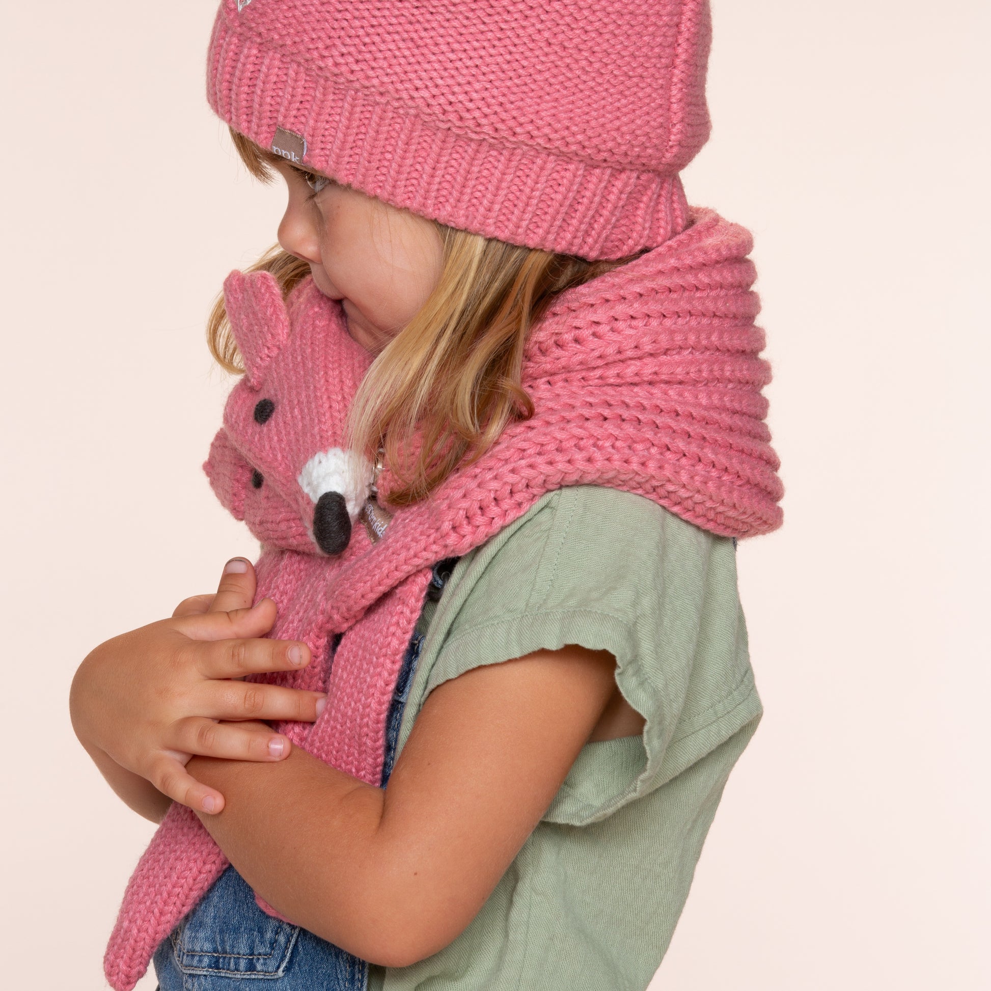 Girls Fox Knitted Neck Scarf - Fun Woodland Critter Design for Children All Ages, Vintage Rose