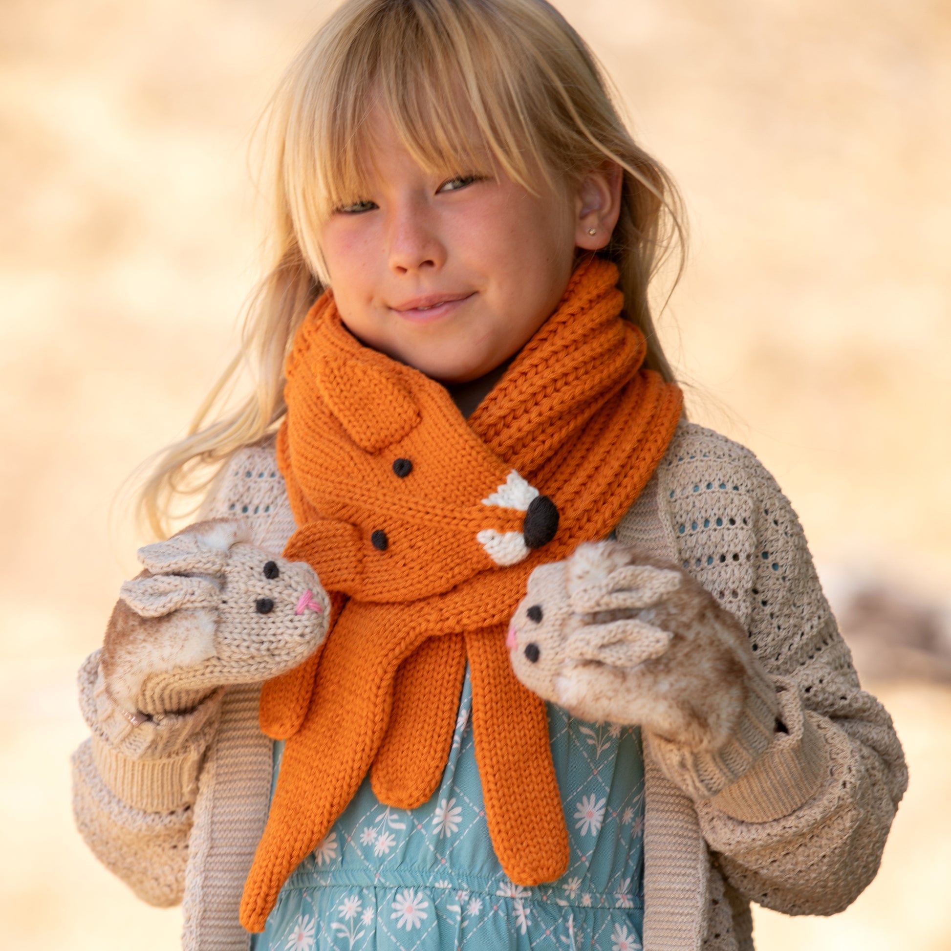 Kids Fox Knitted Neck Scarf - Fun Critter Design for Children All Ages, Unisex, Orange