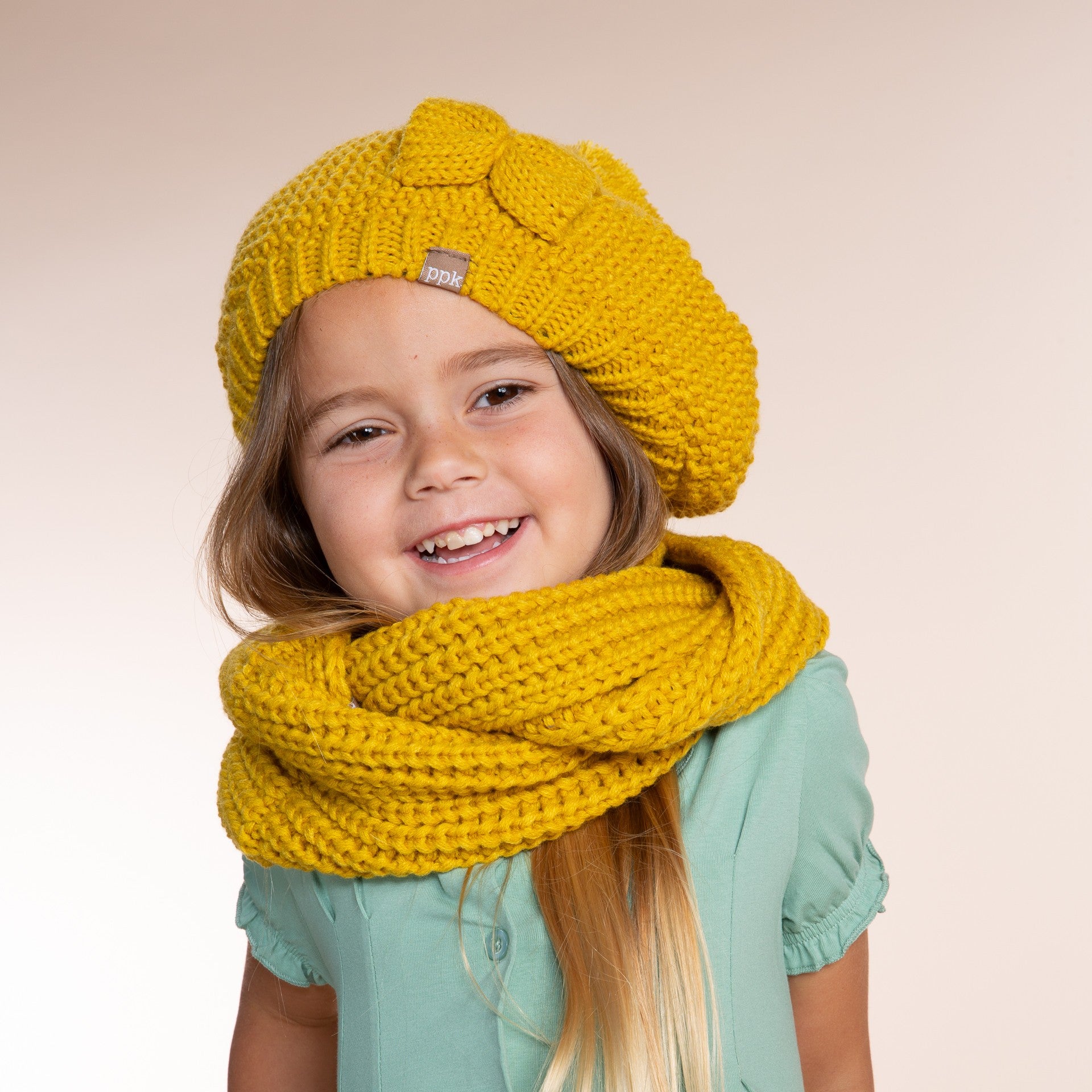Girls Knitted Beret Beanie Hat with Bow, Fleece Lined Soft Warm Fall Winter Hat in Mustard