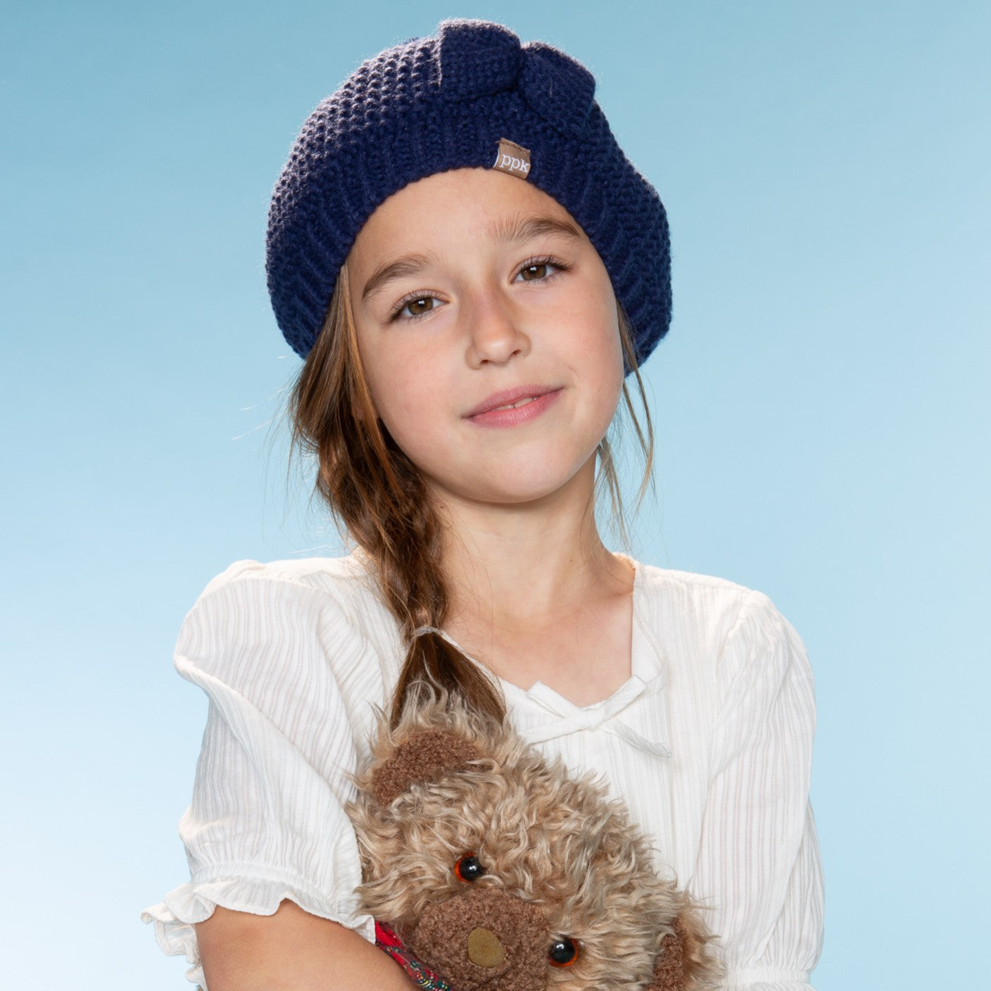 Girls Knitted Beret Beanie Hat with Bow, Fleece Lined Soft Warm Winter Hat in Navy Blue