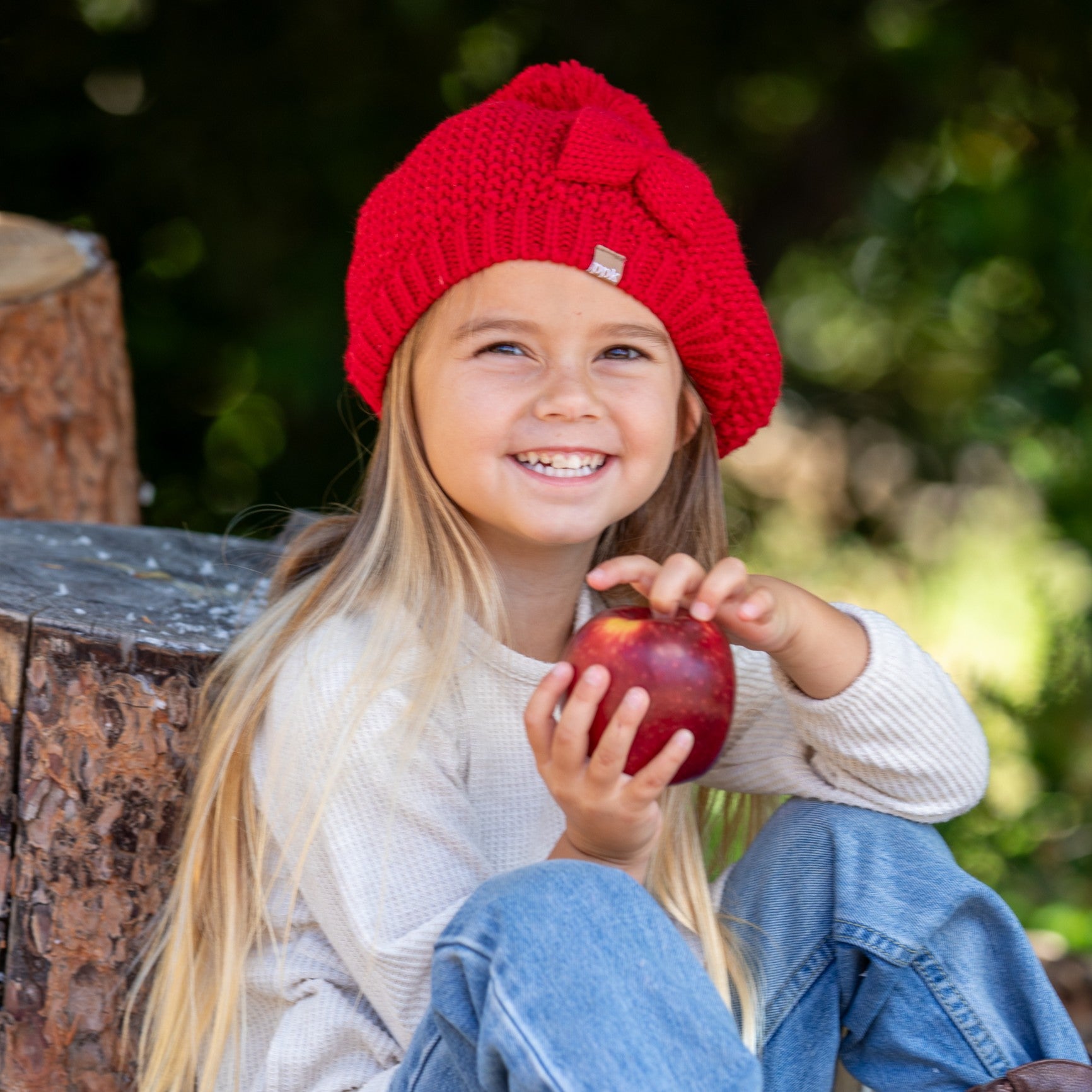 Girls Knitted Beret Beanie Hat with Bow & Pompom, Fleece Lined Soft Warm Winter Hat