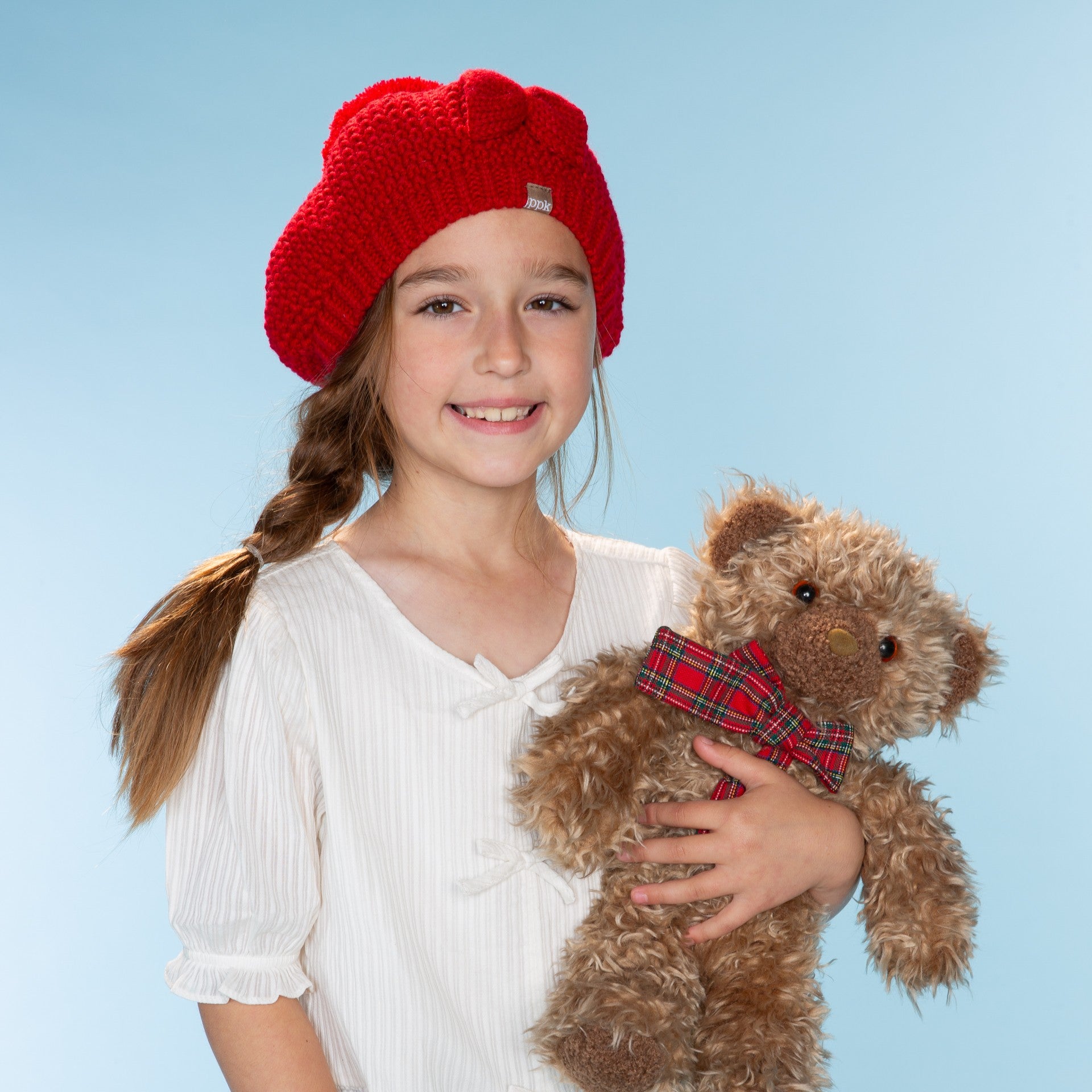 Girls Knitted Beret Beanie Hat with Bow & Pompom, Fleece Lined Soft Warm Winter Hat