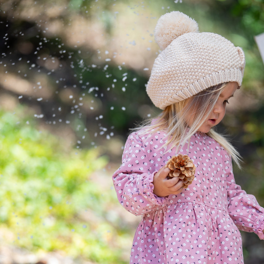 Girls White Beanie Hat with Bow, Fleece Lined Soft Warm Fall Winter Hat