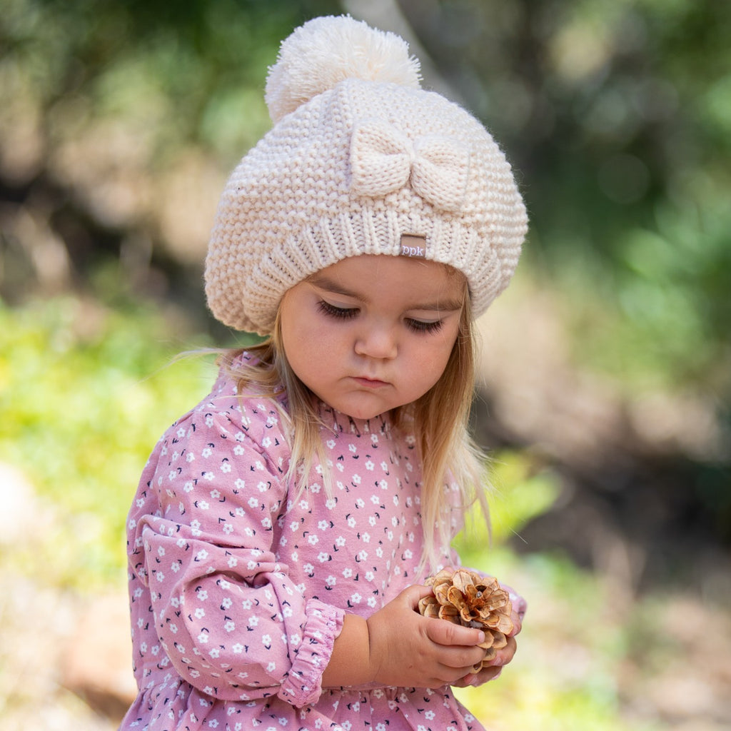 Girls White Beanie Hat with Bow, Fleece Lined Soft Warm Fall Winter Hat