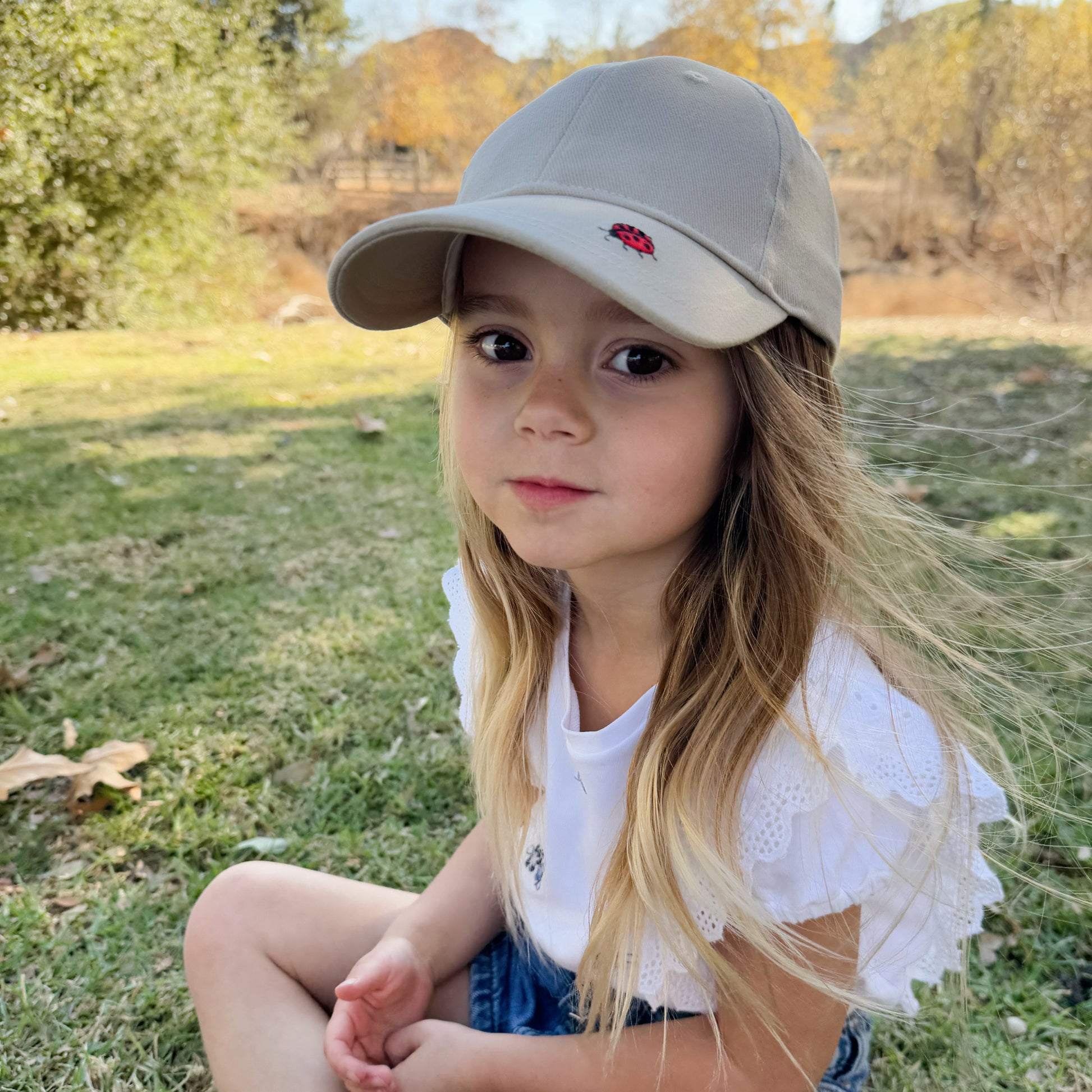 Ladybug Baseball Cap for Kids (Age 3-6/7Y) for Toddlers and Little Girls, Natural Cotton- Oat Beige