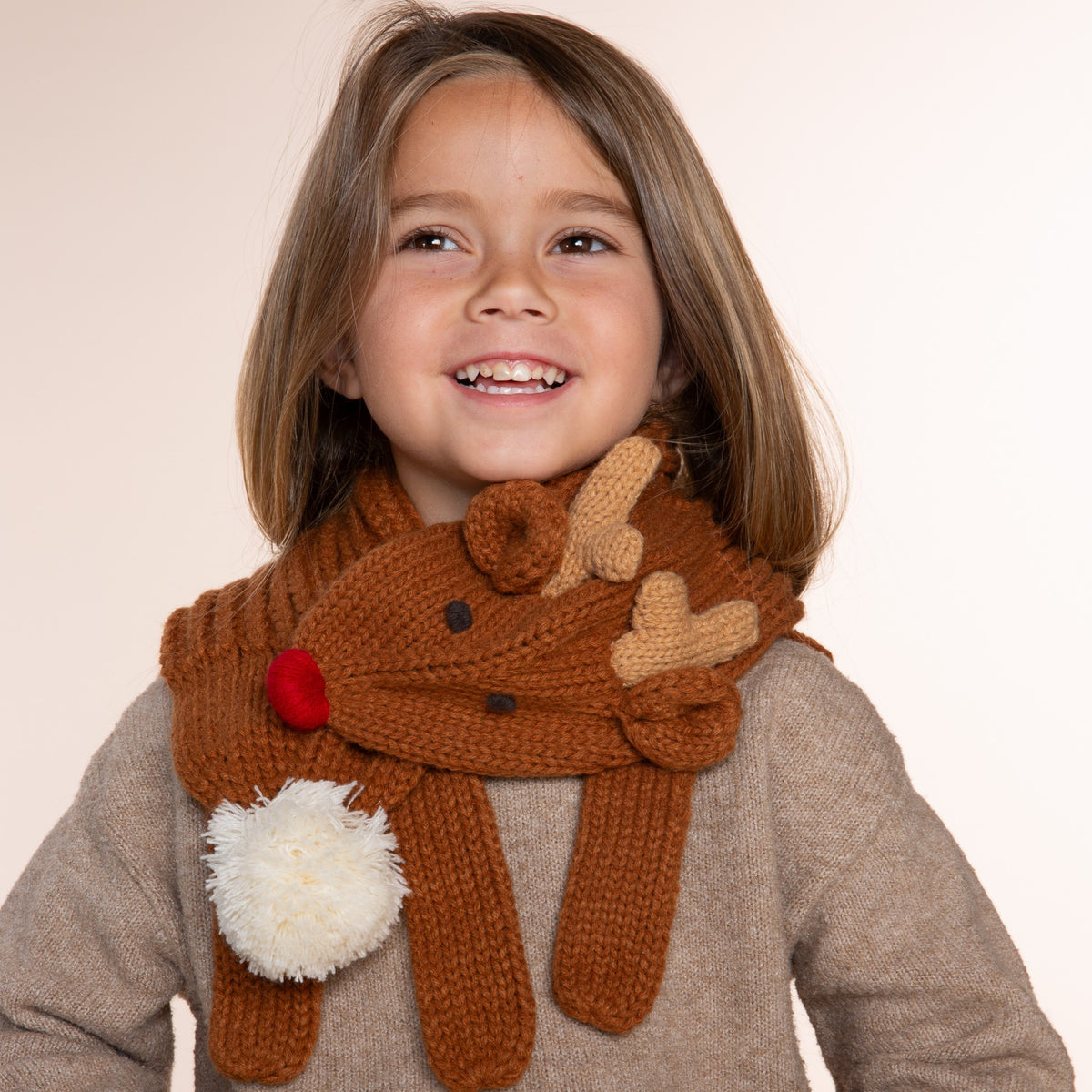 Reindeer Knit Scarf – Cozy Animal Neck Warmer with Snap Closure, Soft Winter Scarf for Kids Ages 3–12, Holiday Gift