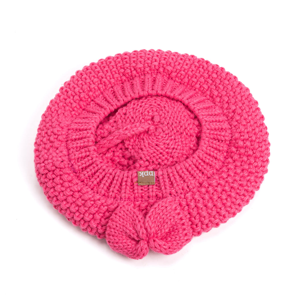 Girls Pink Beret Beanie Hat with Bow, Fleece Lined Soft Warm Fall Winter Hat