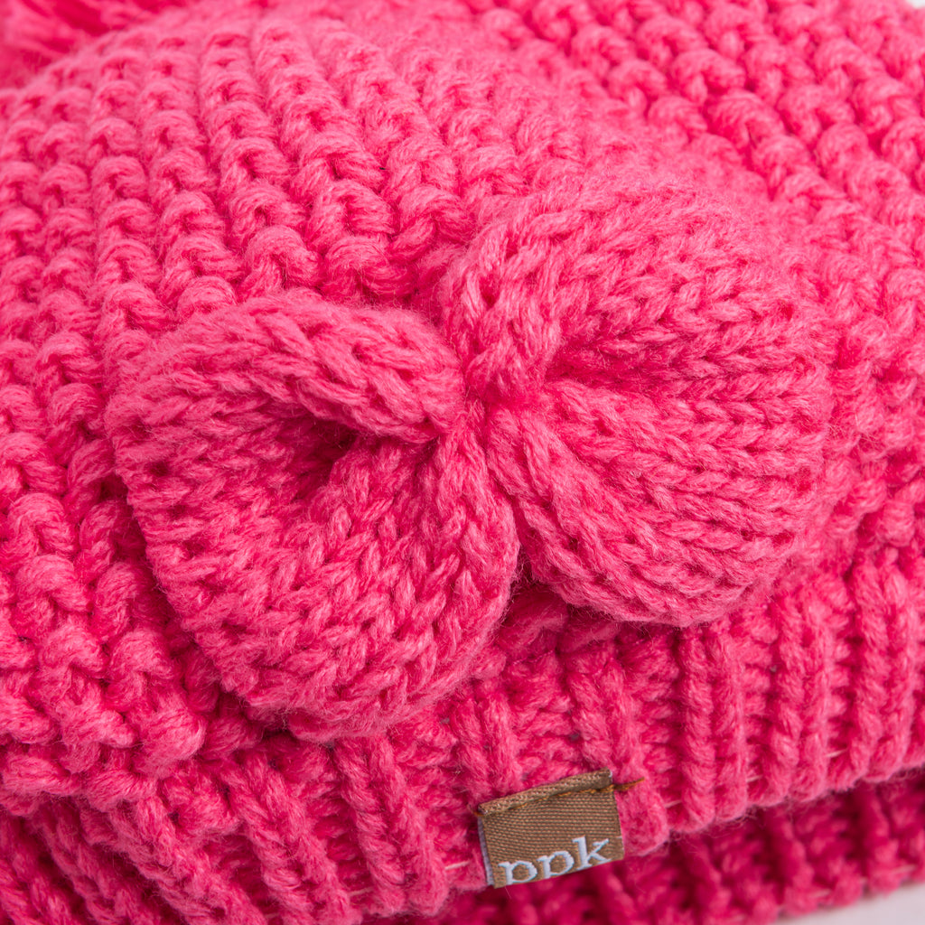 Girls Pink Beret Beanie Hat with Bow, Fleece Lined Soft Warm Fall Winter Hat