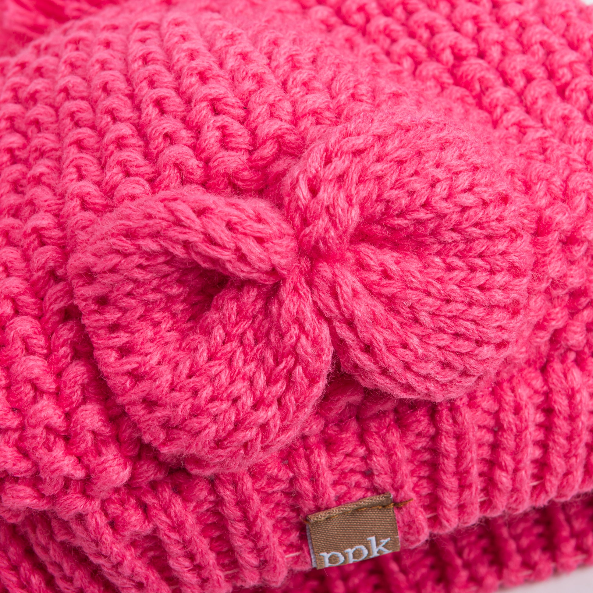 Girls Pink Beret Beanie Hat with Bow, Fleece Lined Soft Warm Fall Winter Hat