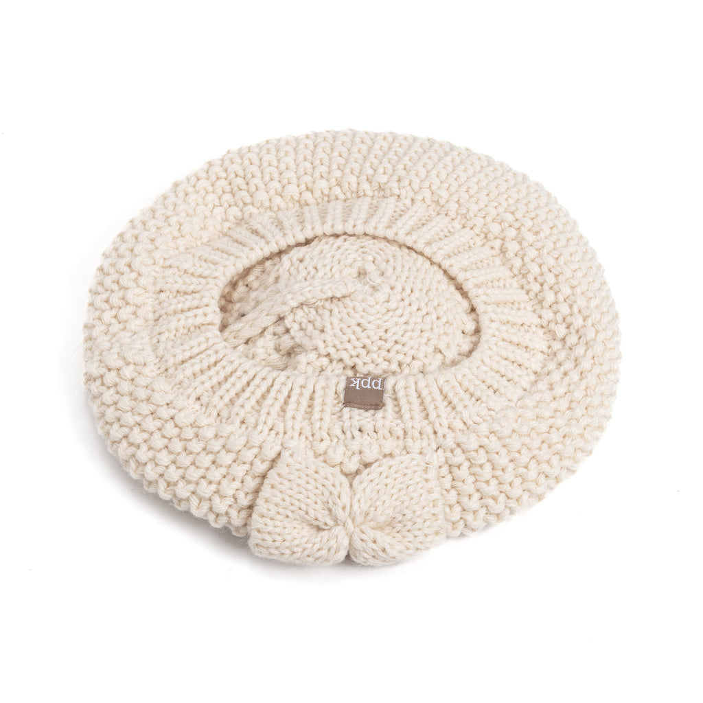 Girls White Beanie Hat with Bow, Fleece Lined Soft Warm Fall Winter Hat