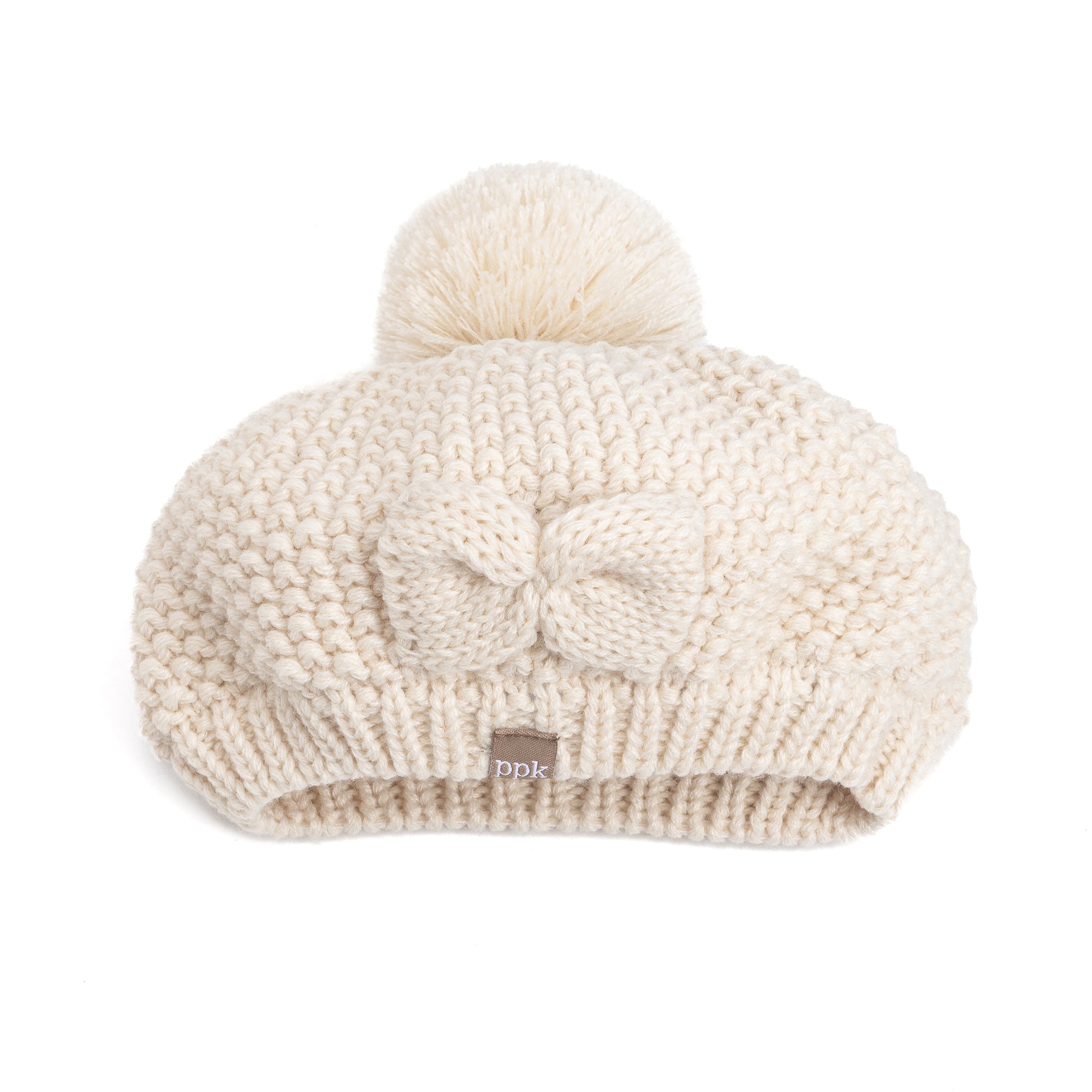 Girls White Beanie Hat with Bow, Fleece Lined Soft Warm Fall Winter Hat