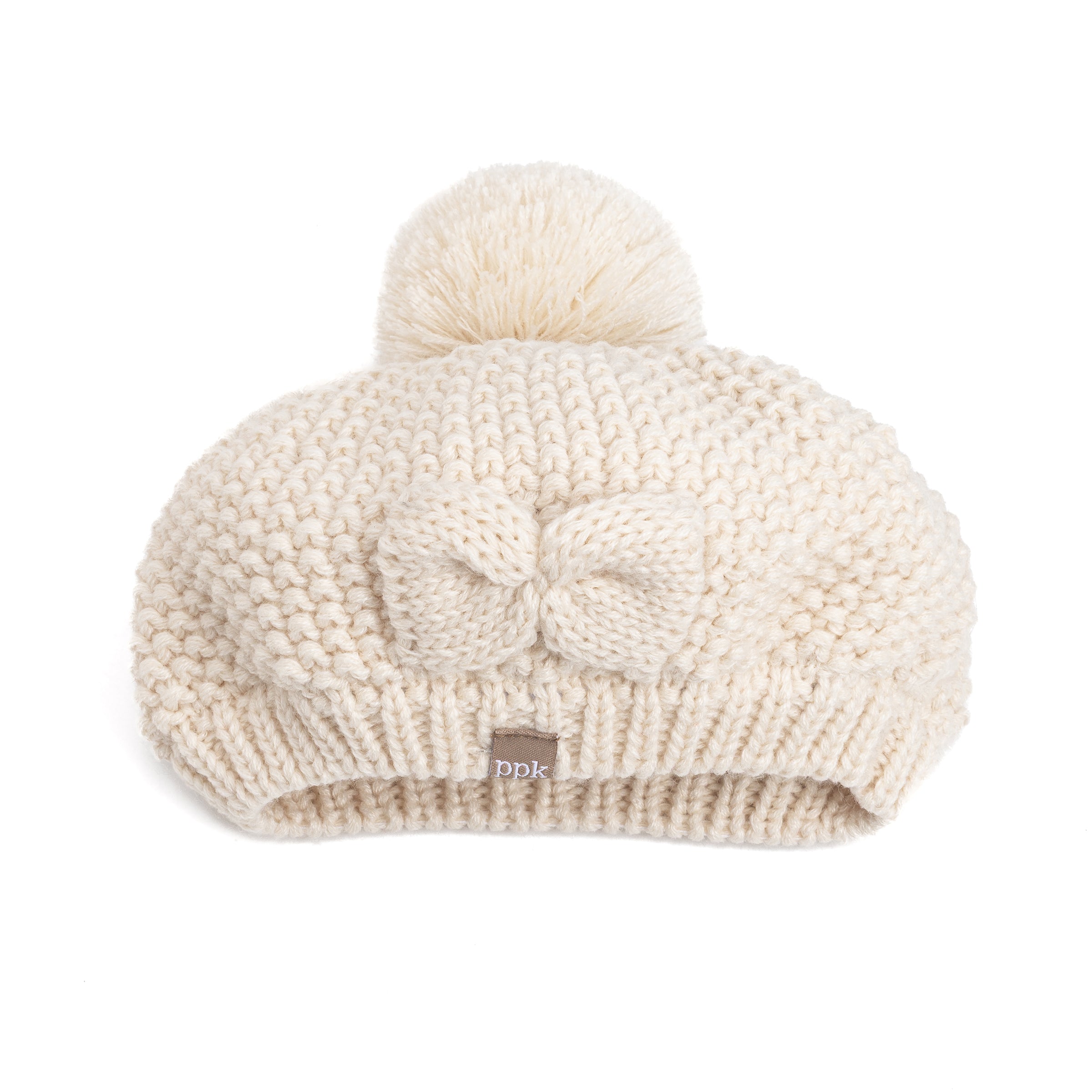 Girls White Beanie Hat with Bow, Fleece Lined Soft Warm Fall Winter Hat